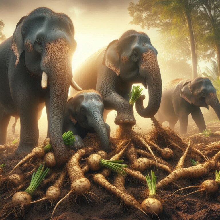 a few elephants digging up and eating some fresh roots