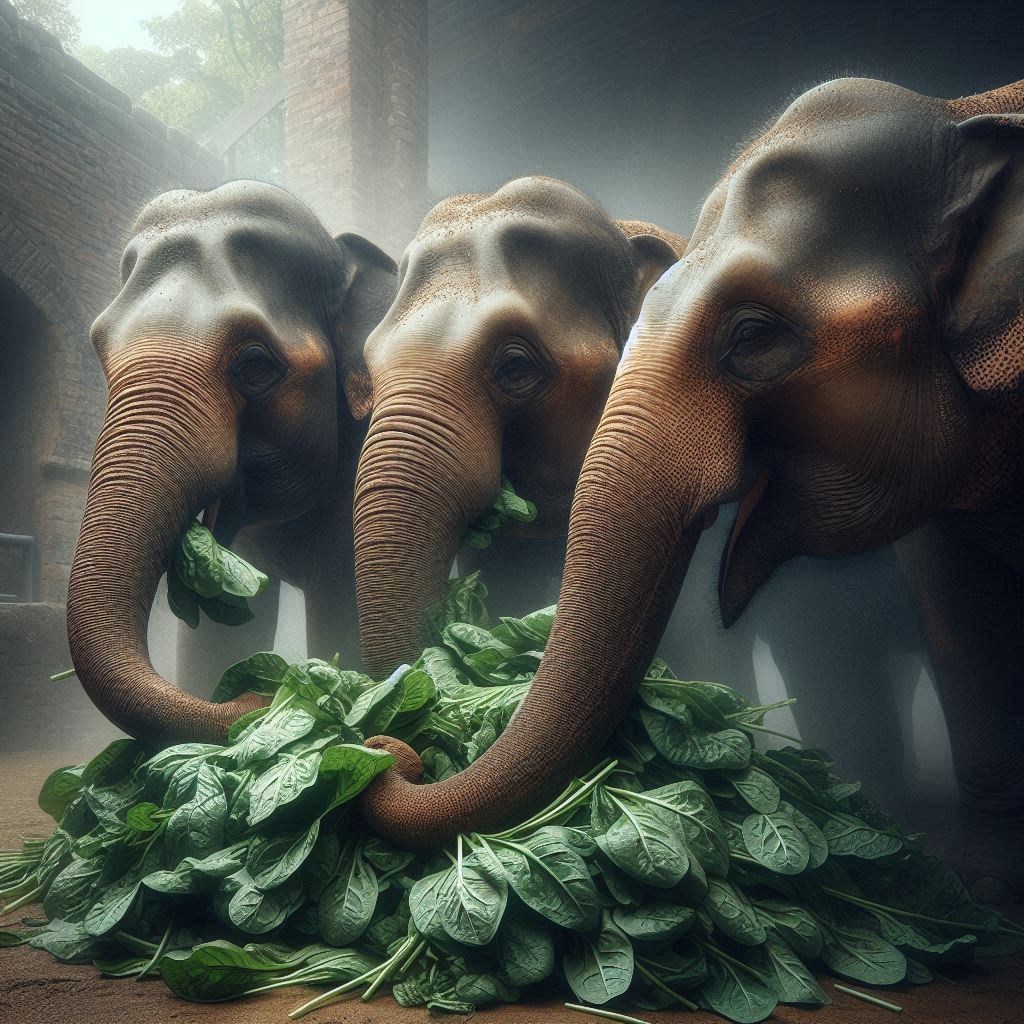 three elephants eating some fresh spinach leaves