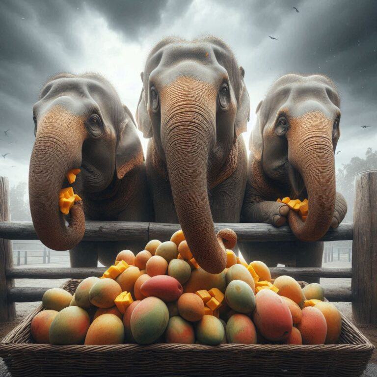 three elephants eating some fresh mangoes