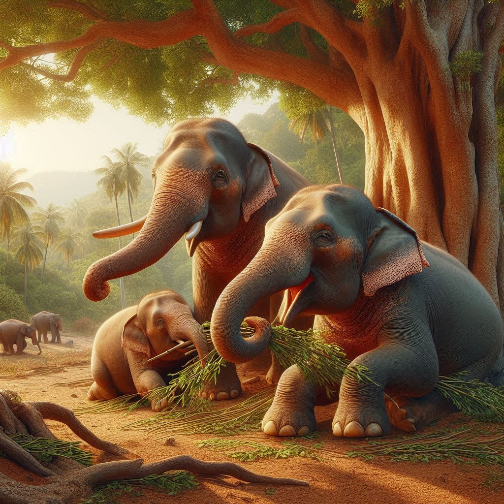 three elephants munching on some fresh twigs on a nice day