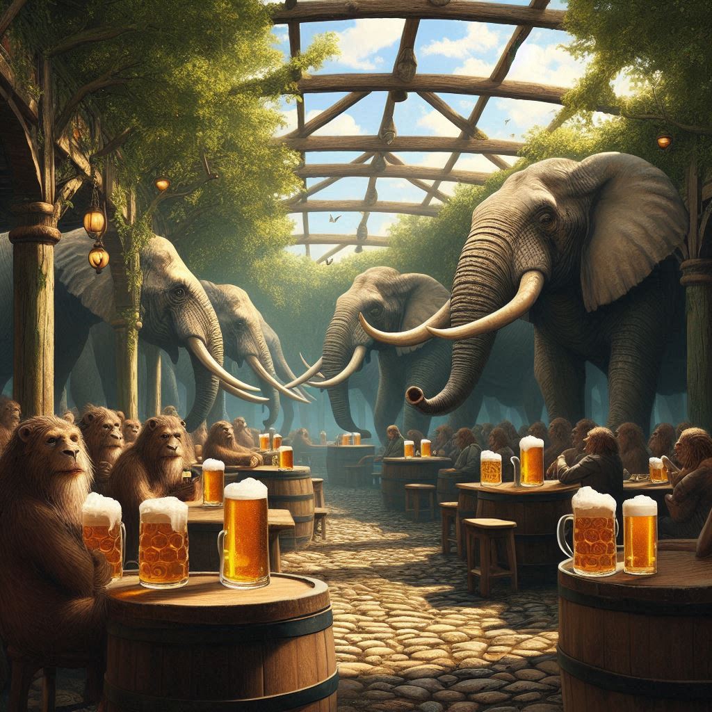 some elephants hanging out in an open air bar