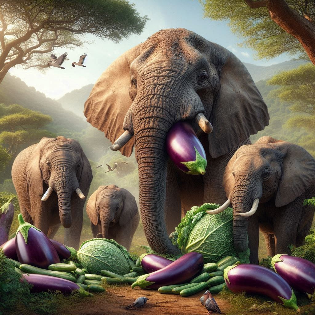 four elelphants munching on some fresh aubergines