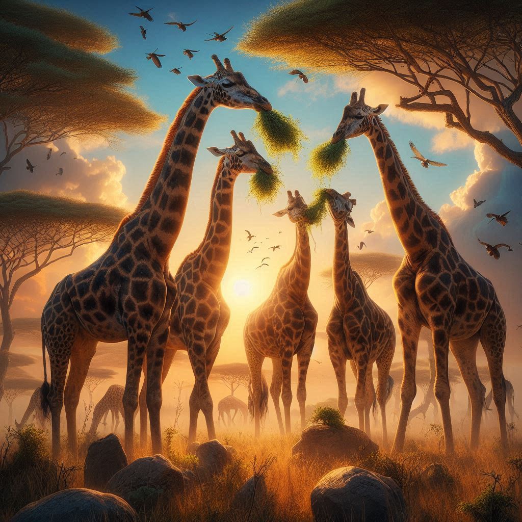 a few giraffes eating some fresh acacia leaves at sunset