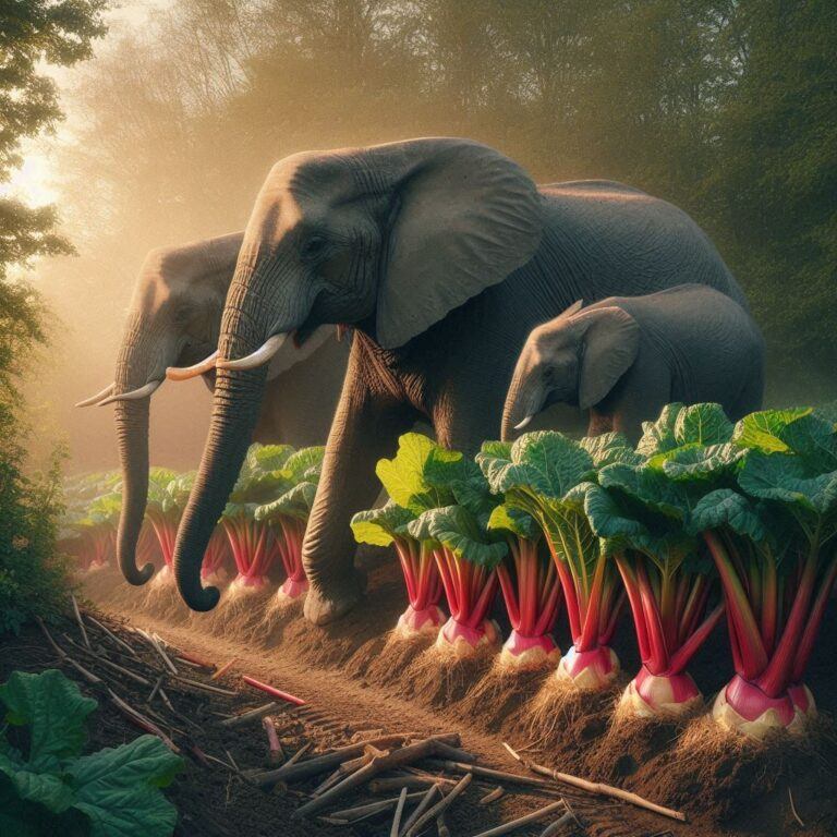 some elephants walking past some fresh rhubarb