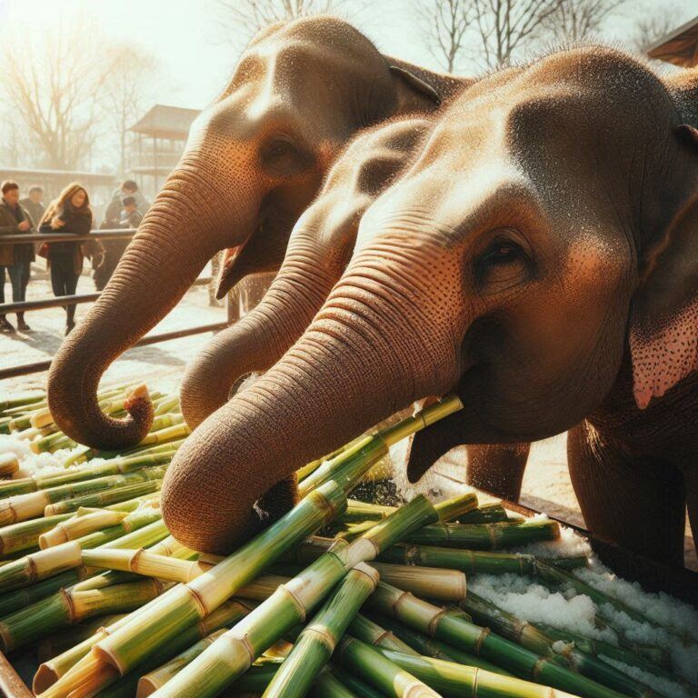 three elephants munching on some fresh sugarcane