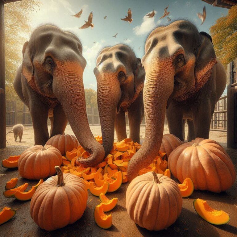 three elephants eating some fresh pumpkin slices on a nice sunny day at the zoo