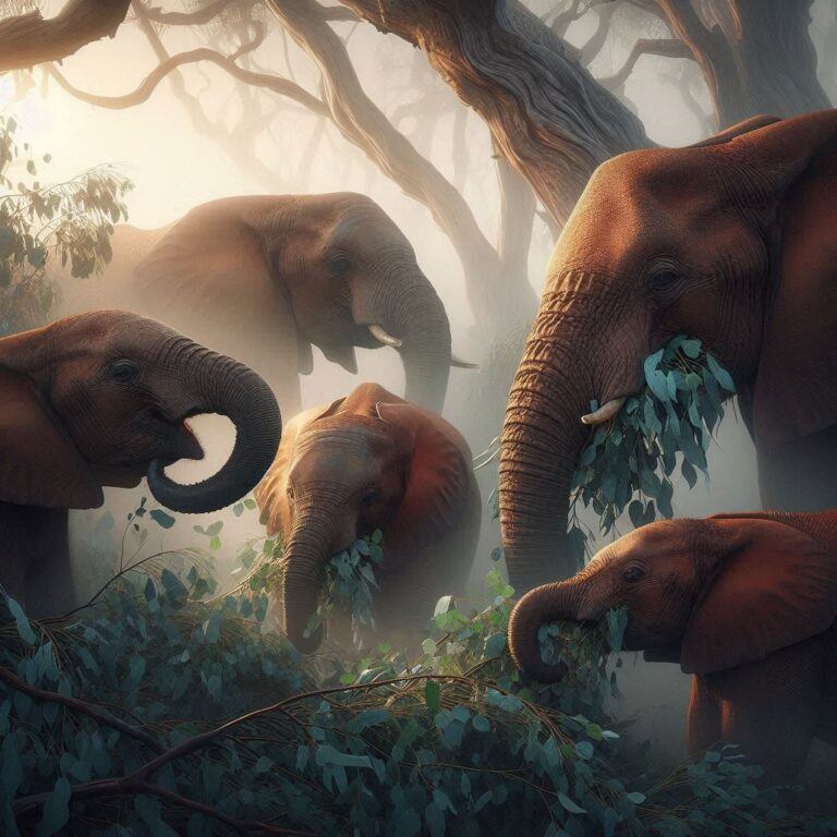 a few elephants munching on some fresh eucalyptos leaves in the wild