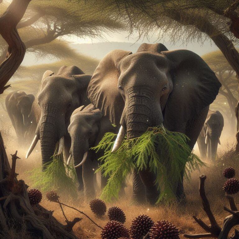 some elphants eating some fresh acacia pods in the wild