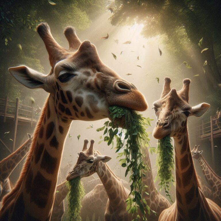 a few giraffes eating some fresh leaves from their enclosure at the zoo