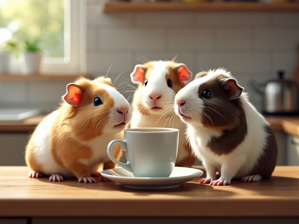 three guinea pigs looking at a freshly brewed cup of coffee in the kitchen