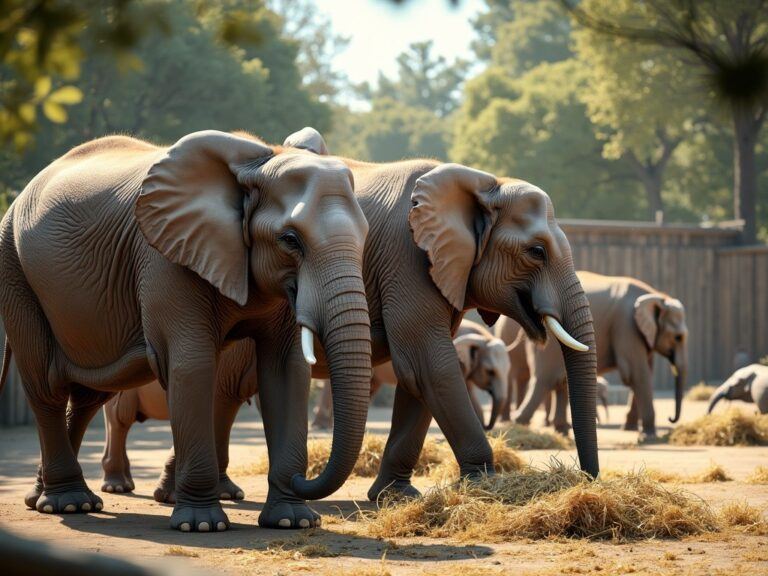 some elephants eating some fresh hay in their enclosure at a zoo