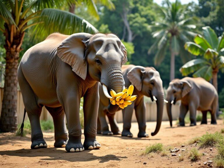 an elephant tucking intp a bunch of fresh bananas