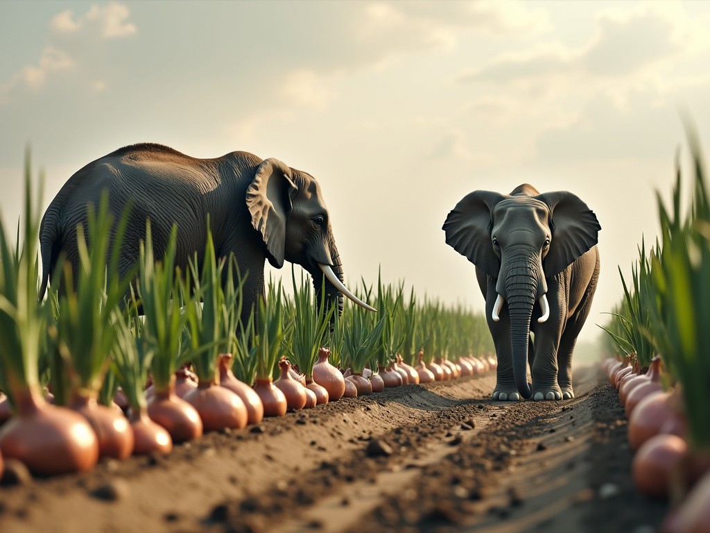 two elephants walking past some onions growing in a field