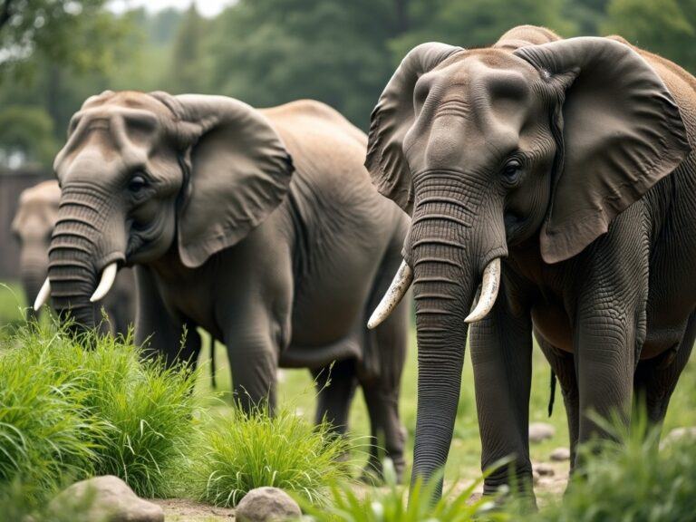 two elephants munching on some fresh grass