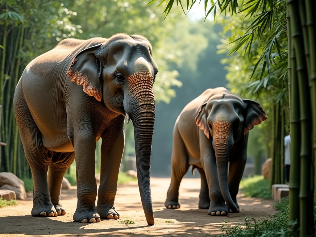 two elephants walking past some fresh bamboo growing in the wild