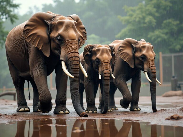 three elephants walking towards a pool of chocolate on a rainy day