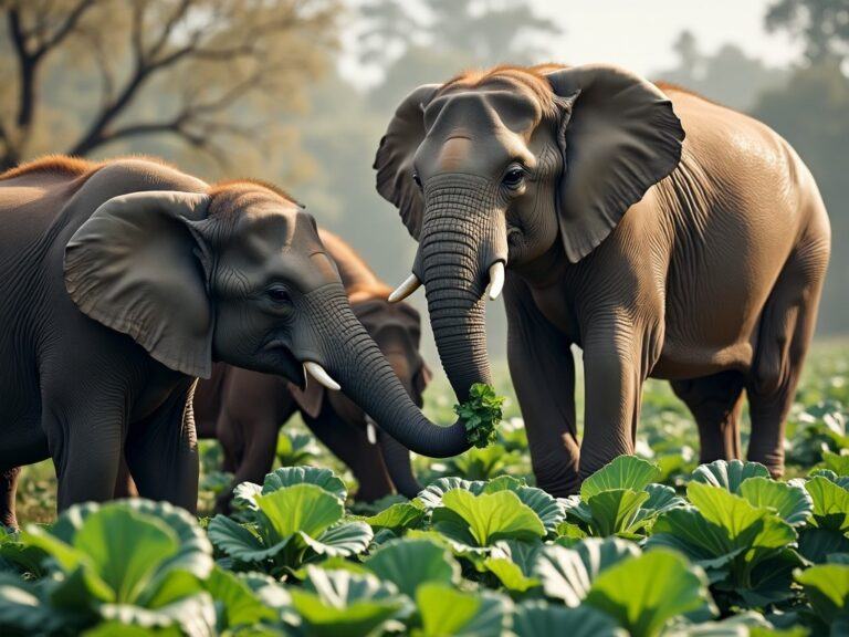 some elephants munching on some fresh cabbage leaves