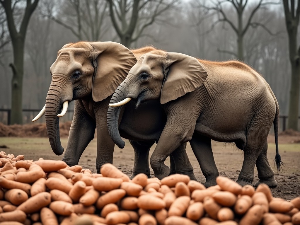 two elephants eating some fresh sweet potatoes