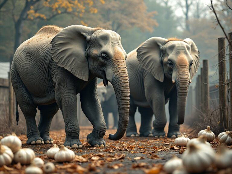 two elephants eating some fresh garlic