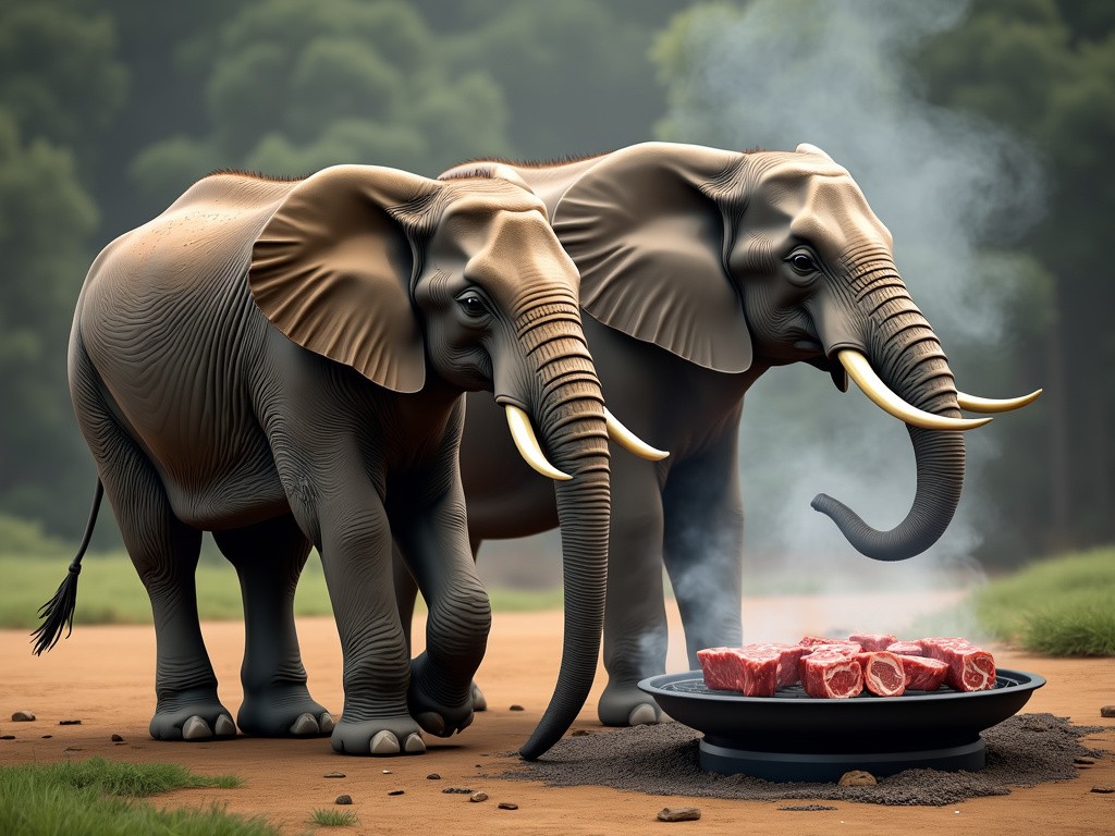 two elephants looking at some steak sizzling away on a barbecue