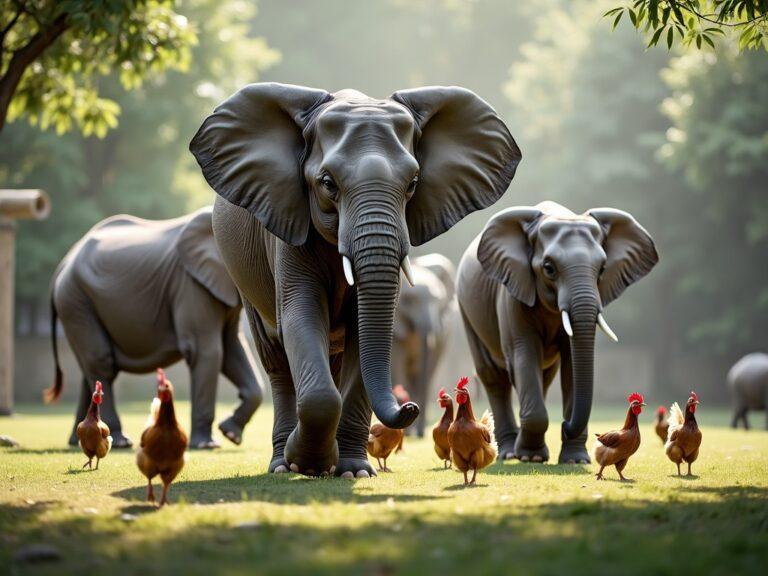 some elephants walking through a field with some chickens in it