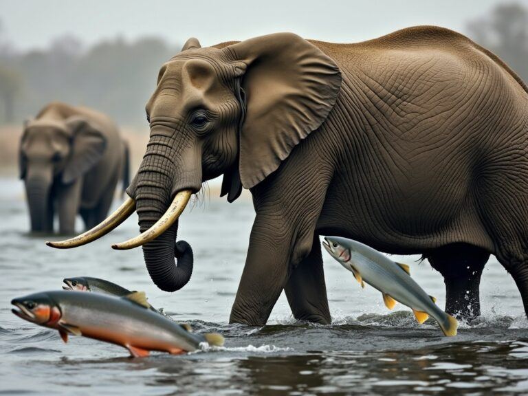 two elephants looking at some fresh salmon swimming and jumping up a river