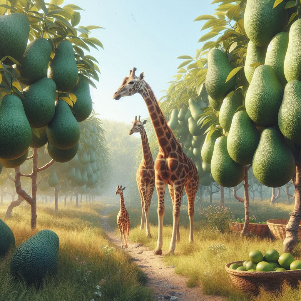 three giraffes walking past some fresh avocados