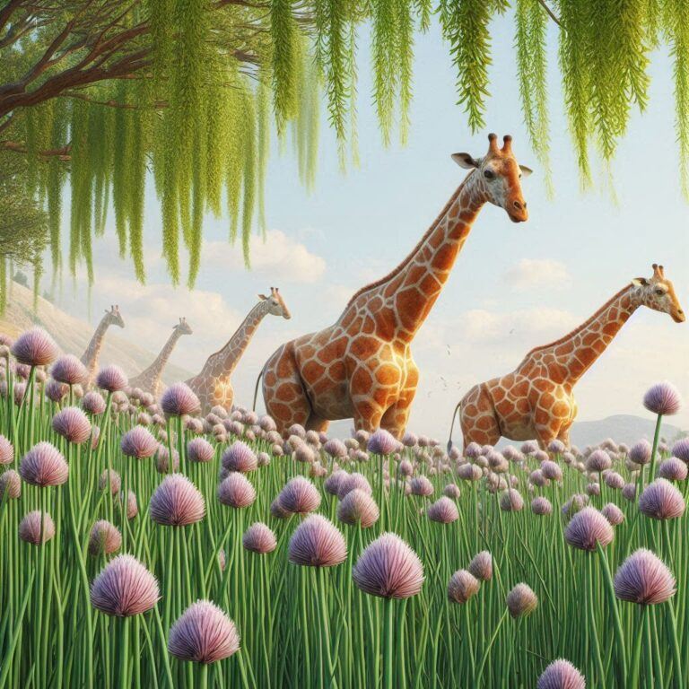 a few giraffes strolling through some fresh chives growing in the wild