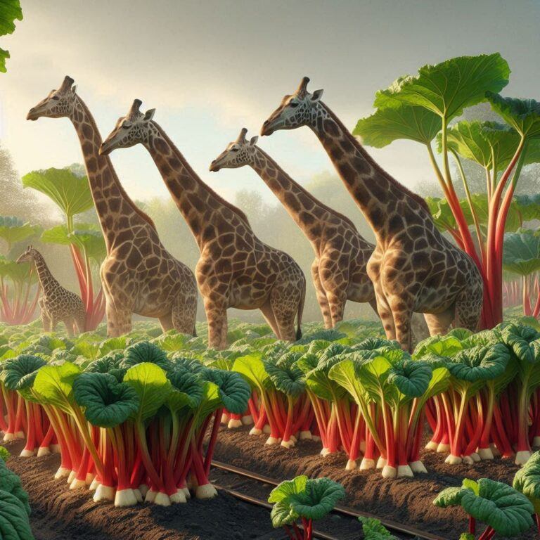 a few giraffes standing next to some fresh rhubarb plants