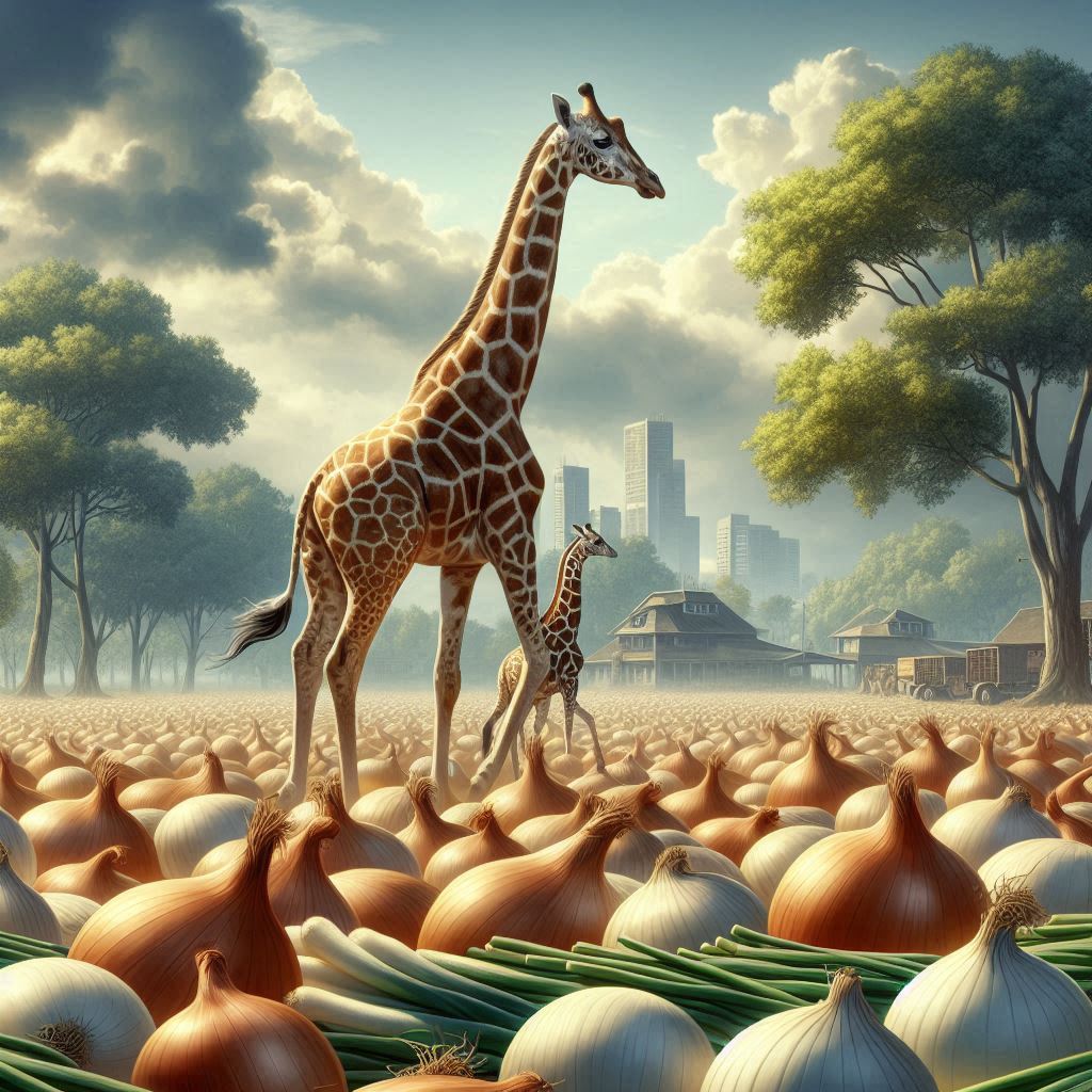 two giraffes walking past some onions