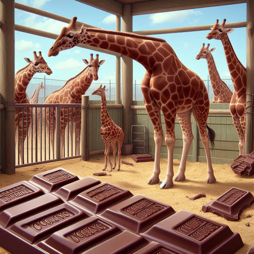 a few giraffes looking over some bars of fresh chocolate at the zoo