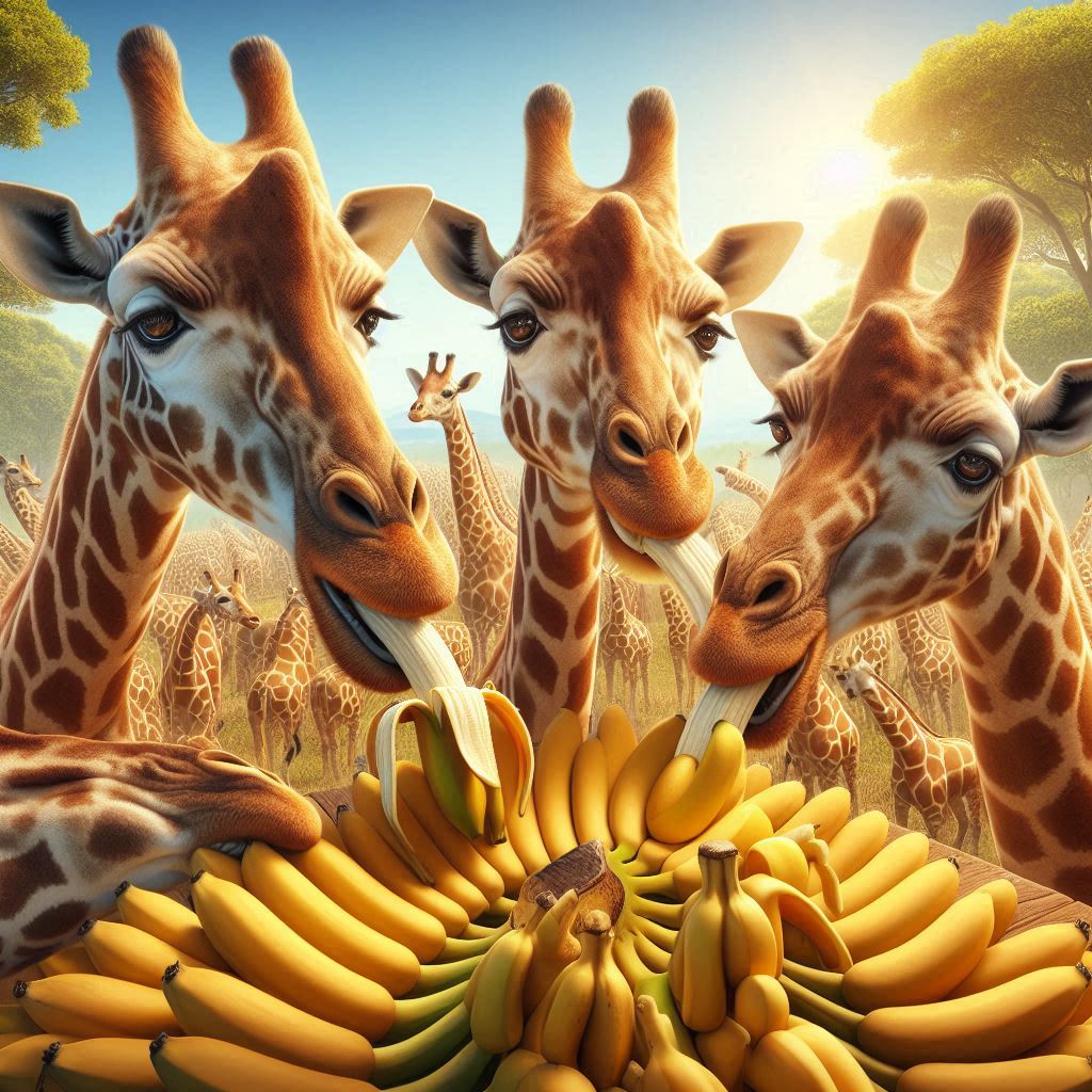 three giraffes eating some fresh bananas