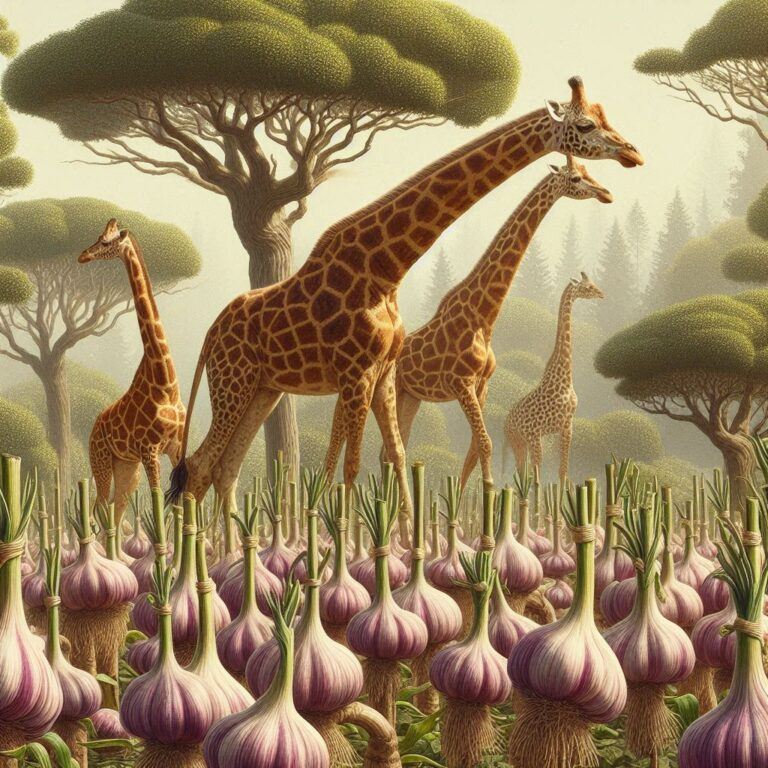 four giraffes walking past some fresh garlic growing in the wild