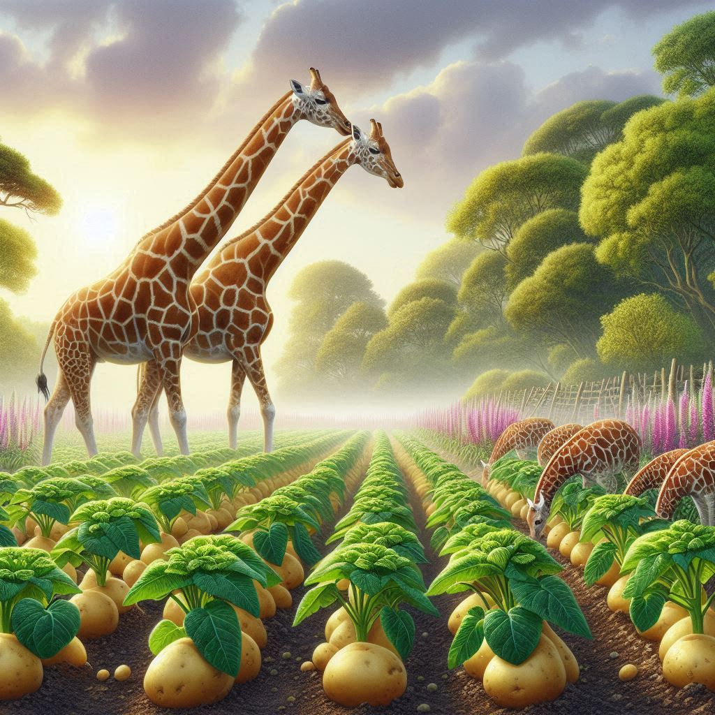 some giraffes looking at some fresh potato plants