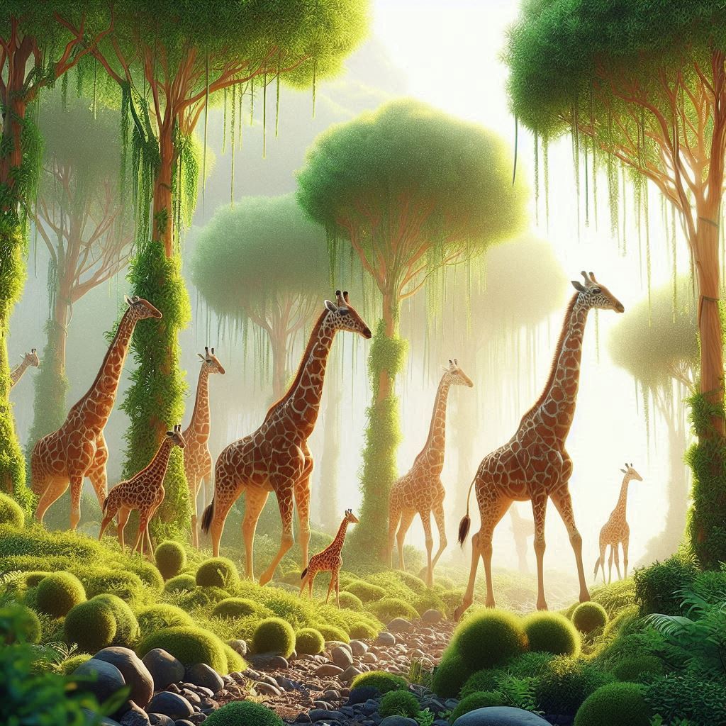 a few giraffes walking past some eucalyptus trees