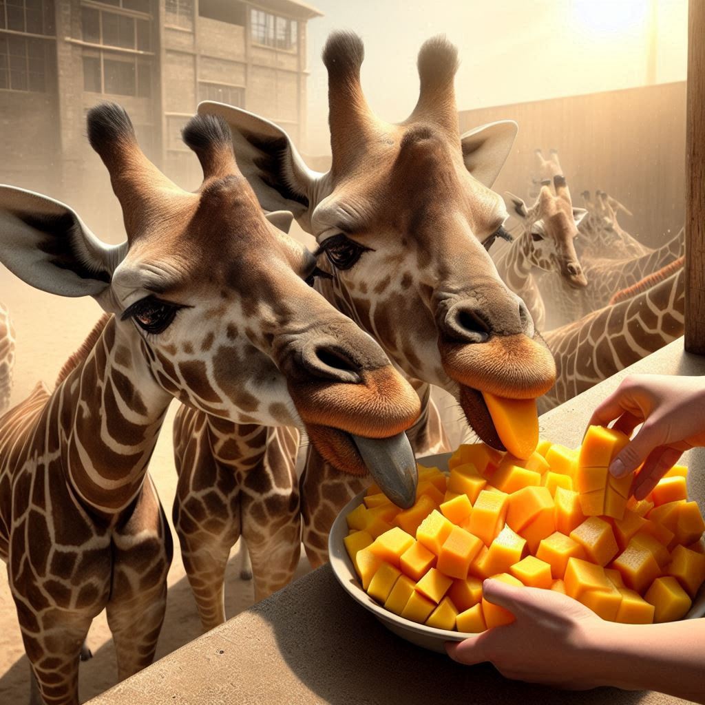 some giraffes being fed some small pieces of fresh mango at the zoo