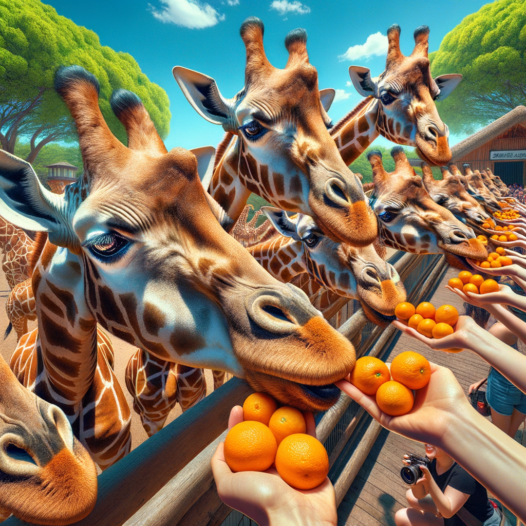 three giraffes being fed a few fresh oranges at the zoo