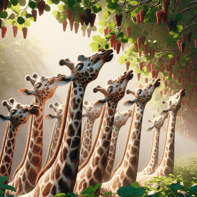 some giraffes munching on a few fresh mullberry leaves in the wild