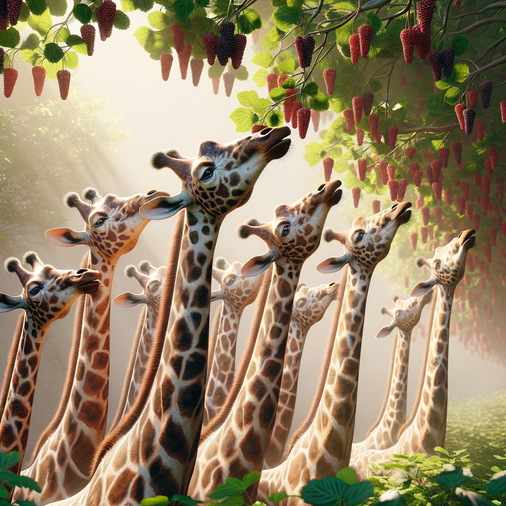 some giraffes munching on a few fresh mullberry leaves in the wild