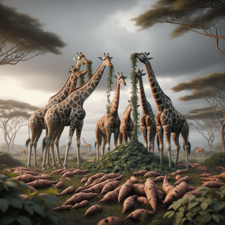 some giraffes munching on a few sweet potato vines in the wild