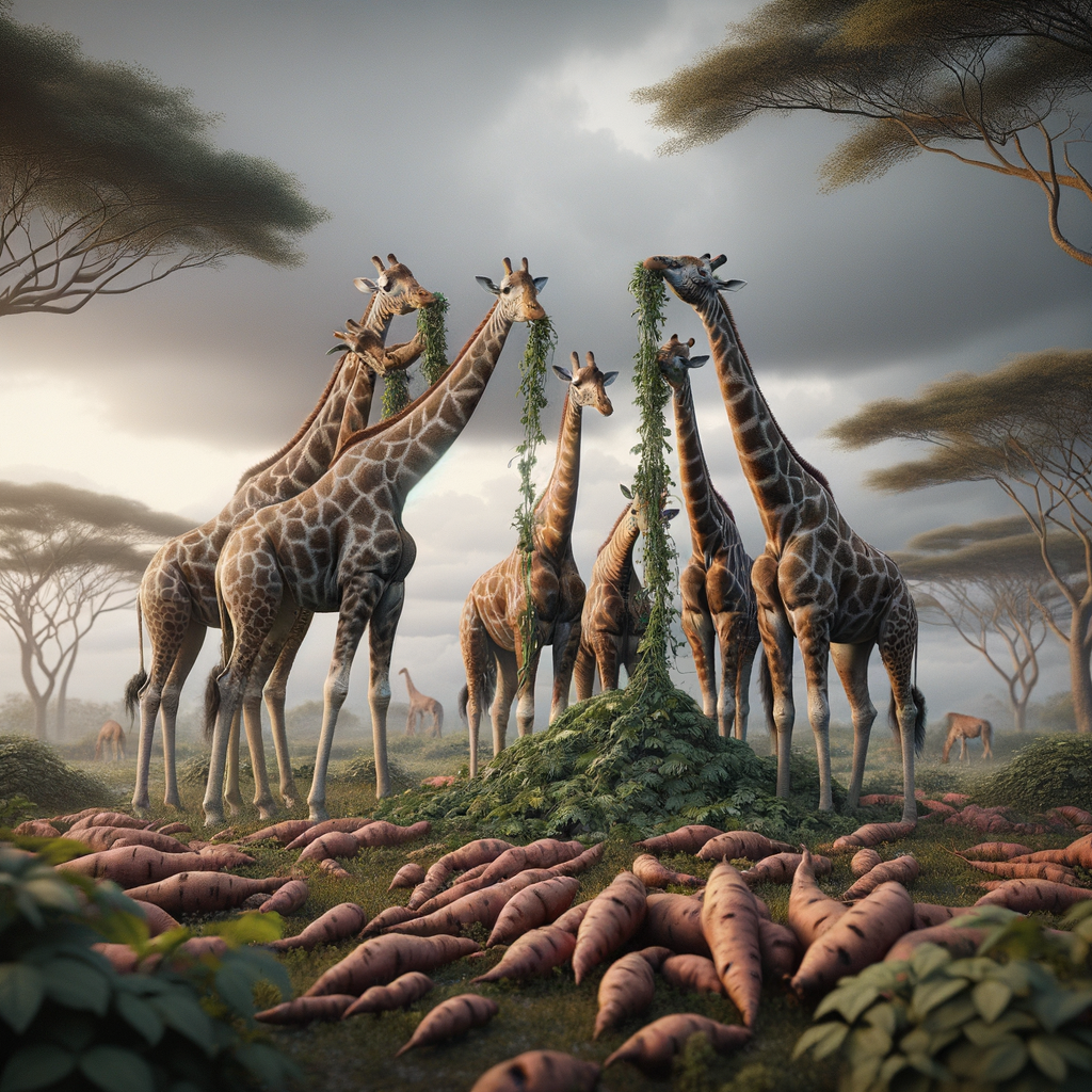 some giraffes munching on a few sweet potato vines in the wild