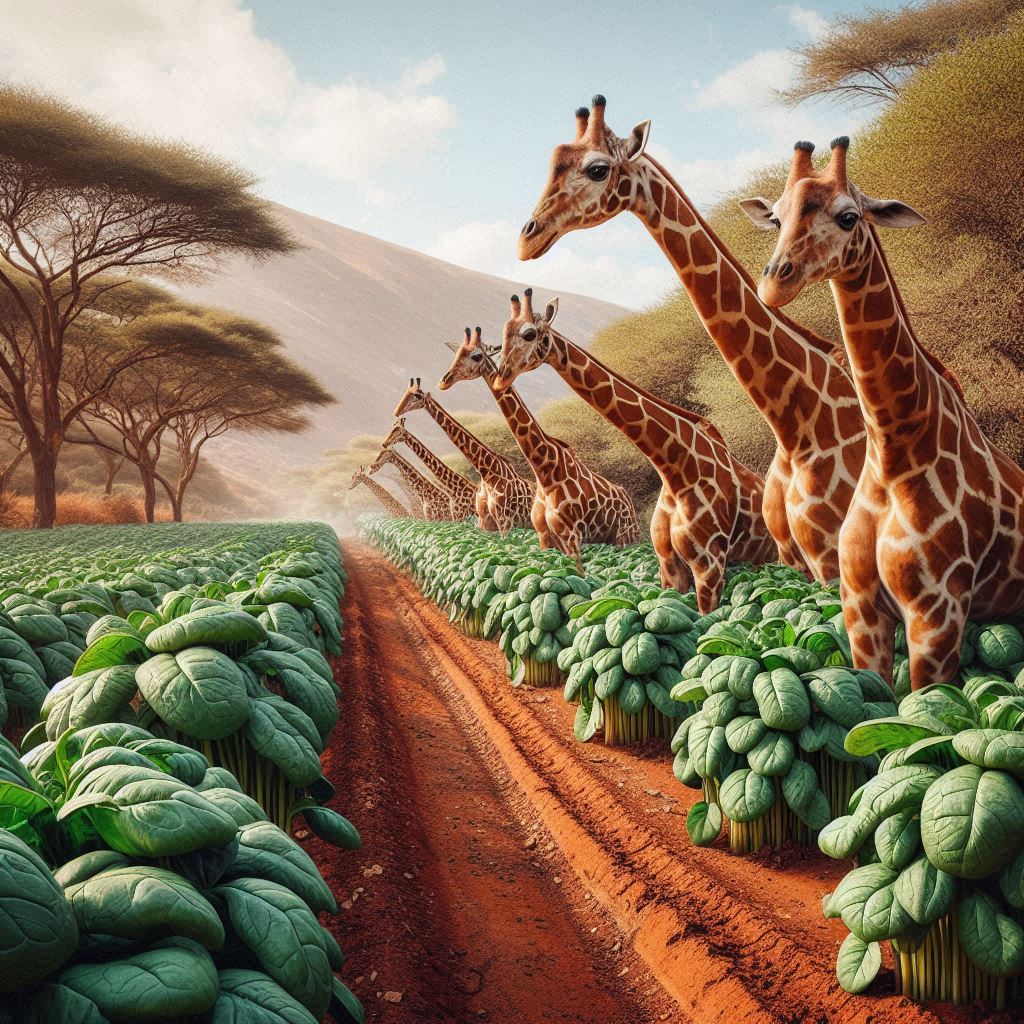 some giraffes looking at some fresh spinach growing in the wild