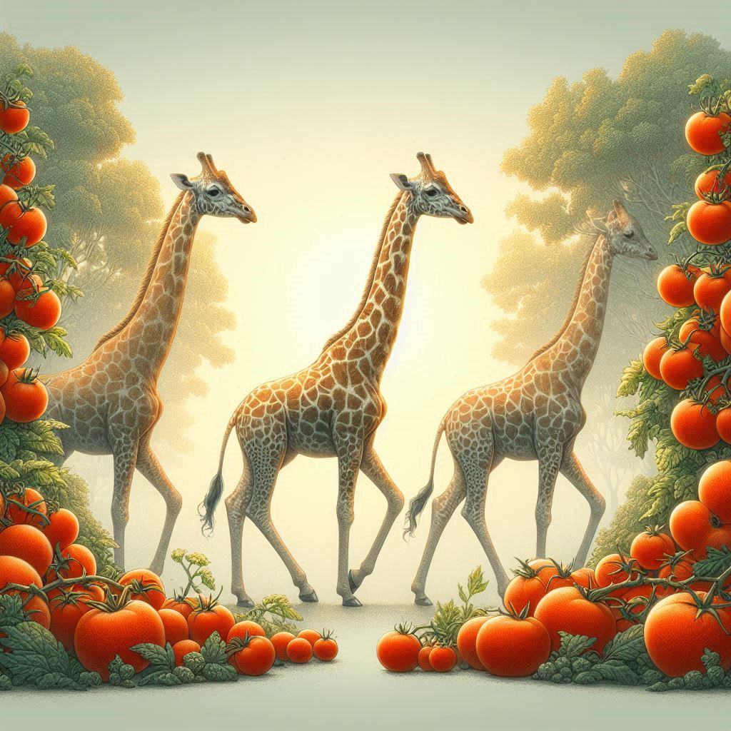 three giraffes walking past some fresh tomato plants