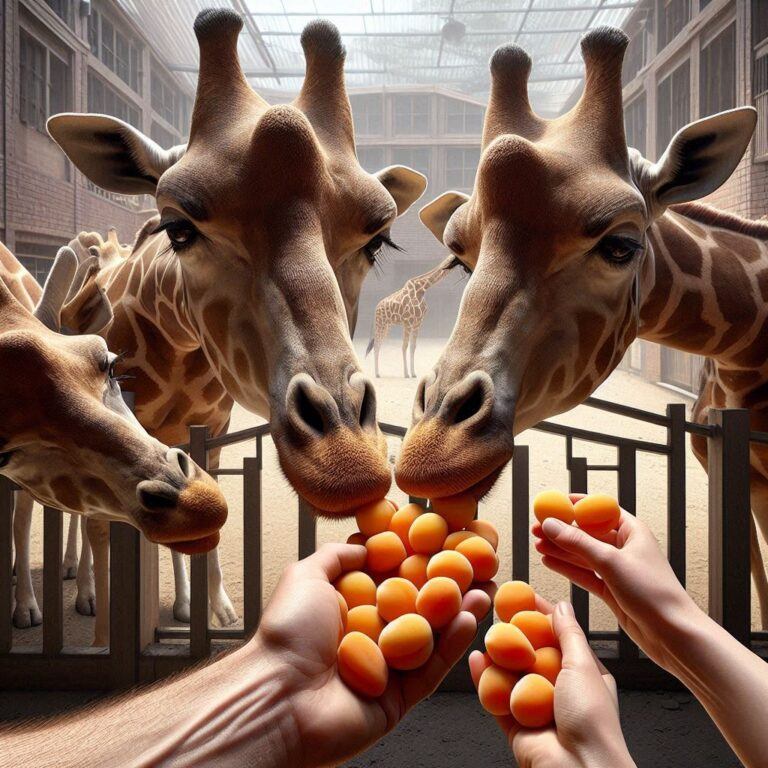 three giraffes being fed small amounts of wild apricots