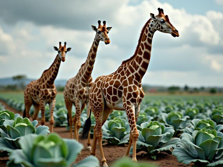 three giraffes walking through some fresh cabbages growing in the wild