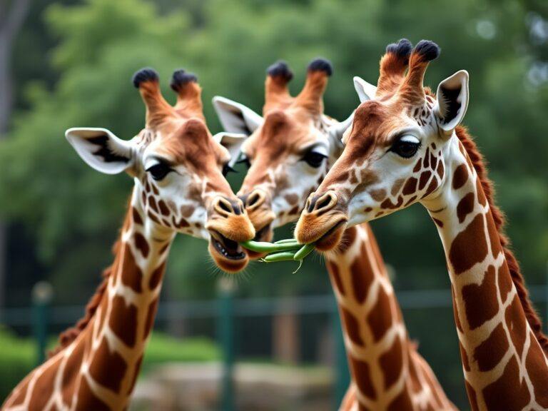 three giraffes sharing a small amount of green beans