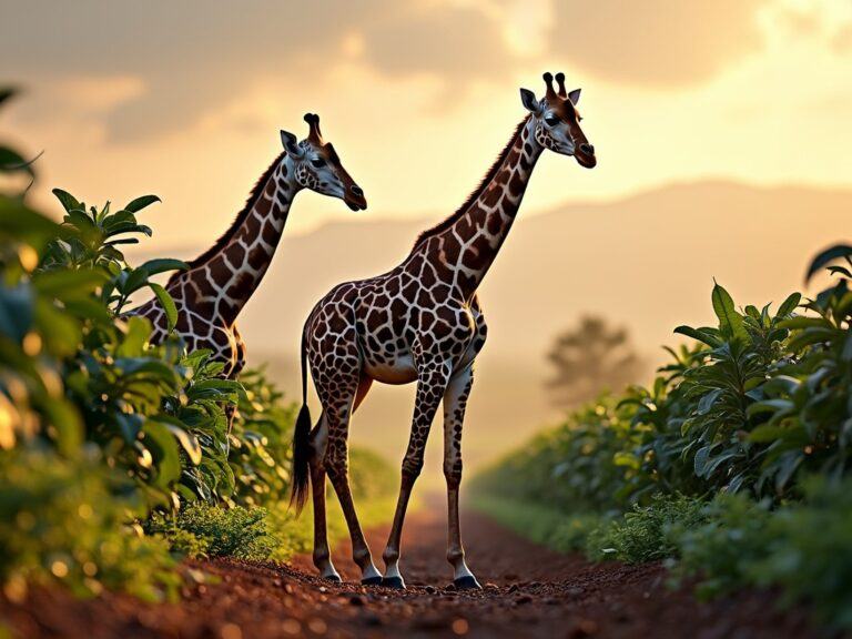 two giraffes walking through a fresh coffee plantation