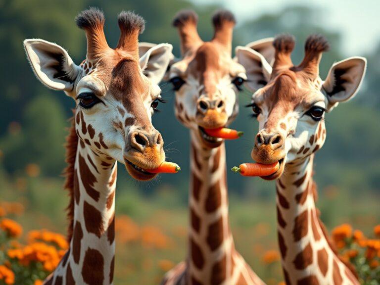 three giraffes eating some fresh carrot tops