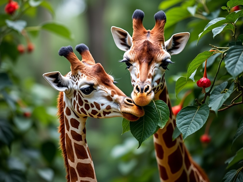 two giraffes eating some fresh hibiscus leaves in the wild