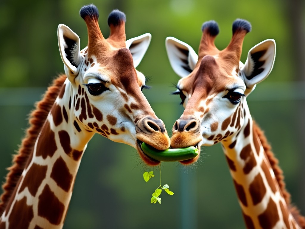 two giraffes sharing a fresh healthy cucumber